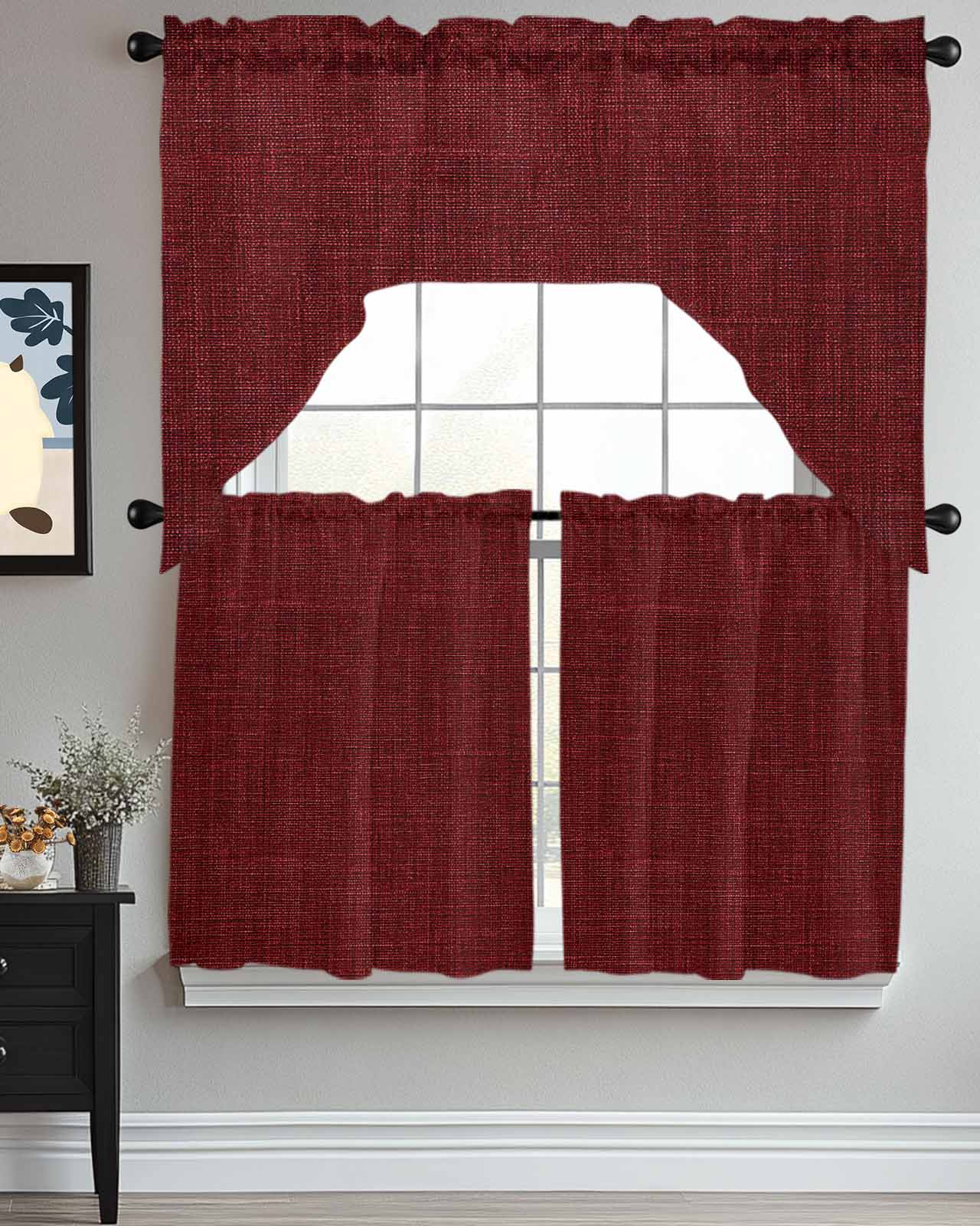 Vintage Dark Red Kitchen Curtains Swag Valance and Tier Curtains Set 24 Inch Length, Farmhouse Retro Solid Color Linen Texture Rod Pocket Drape Panels Pair Swag Curtains for Bathroom/Cafe/Window