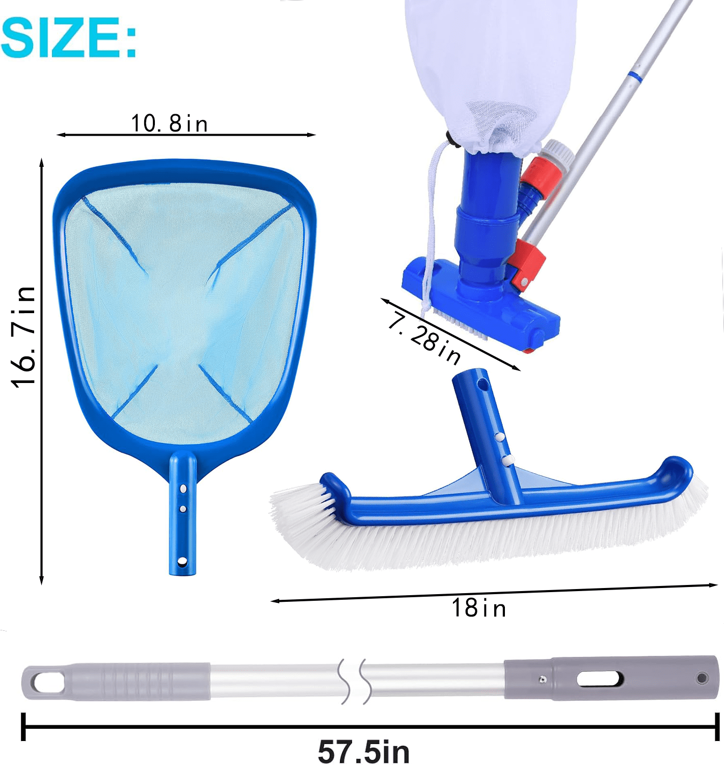 Gilysido Swimming Pool Cleaning Kit,Pool Brush and Skimmer Set with Pool Cleaning Brush and Skimmer Leaf Net and Aluminum Pole for Above Ground Pools(Blue,4 Pcs)