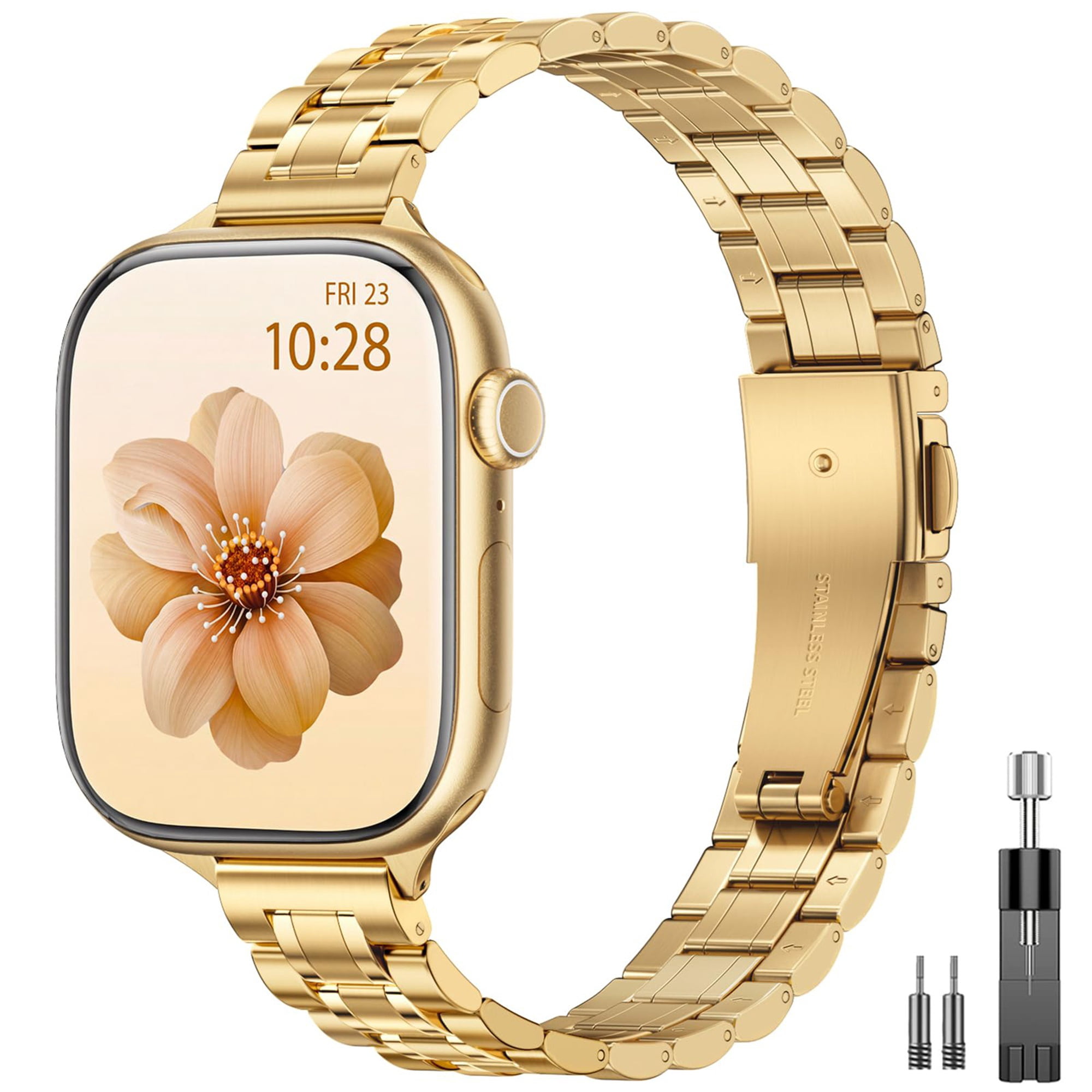 BANDOVA Slim Metal Band for Apple Watch, Women's Thin Stainless Steel Strap with Tool, Gold, 38mm/40mm/41mm/42mm(Series 11/10)