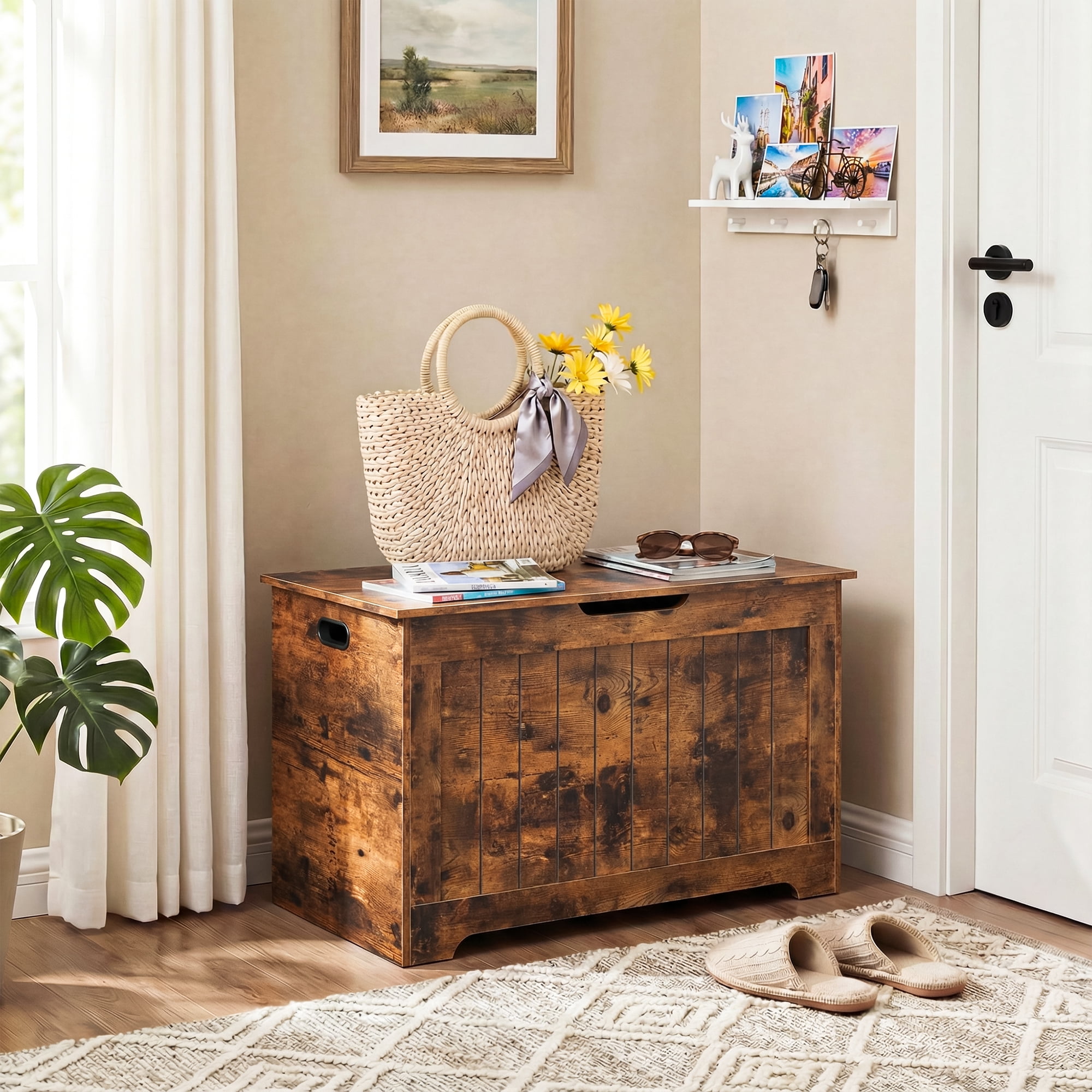 SuperDeal 30-Inch Lift Top Storage Chest Wooden Home Organizer Bench with Safety Hinged Lid Large MDF Toy Box Entryway Bedroom Living Room, Rustic Brown