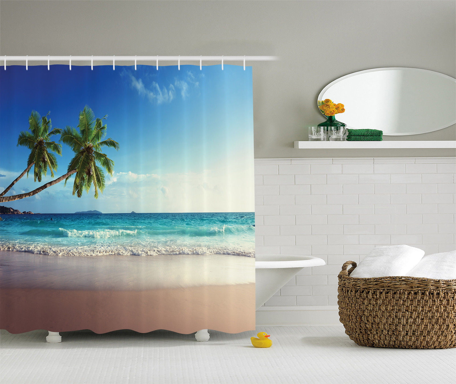 Sunny Horizon and Transparent Water Isolated Beach  Extra Long Shower Curtain 