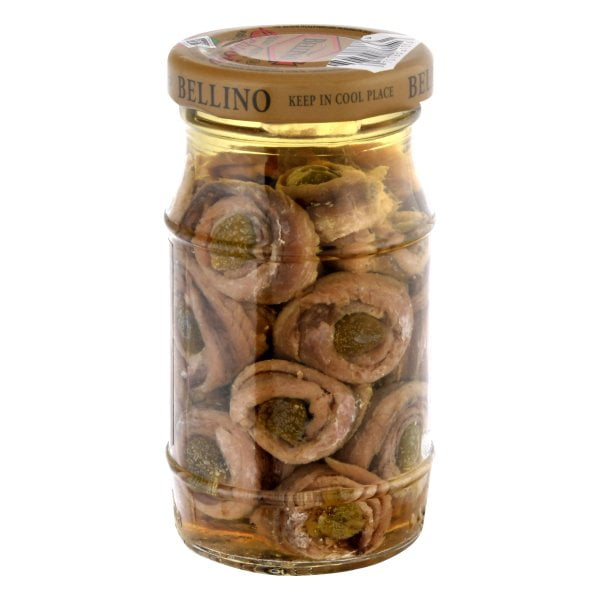 Bellino Rolled Fillet of Anchovies with Capers in Olive Oil and Salt, 4.25 oz
