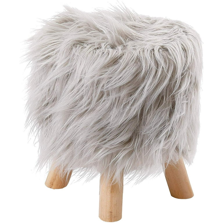 Birdrock Home Faux Fur Foot Stool Ottoman with Wood Legs - White