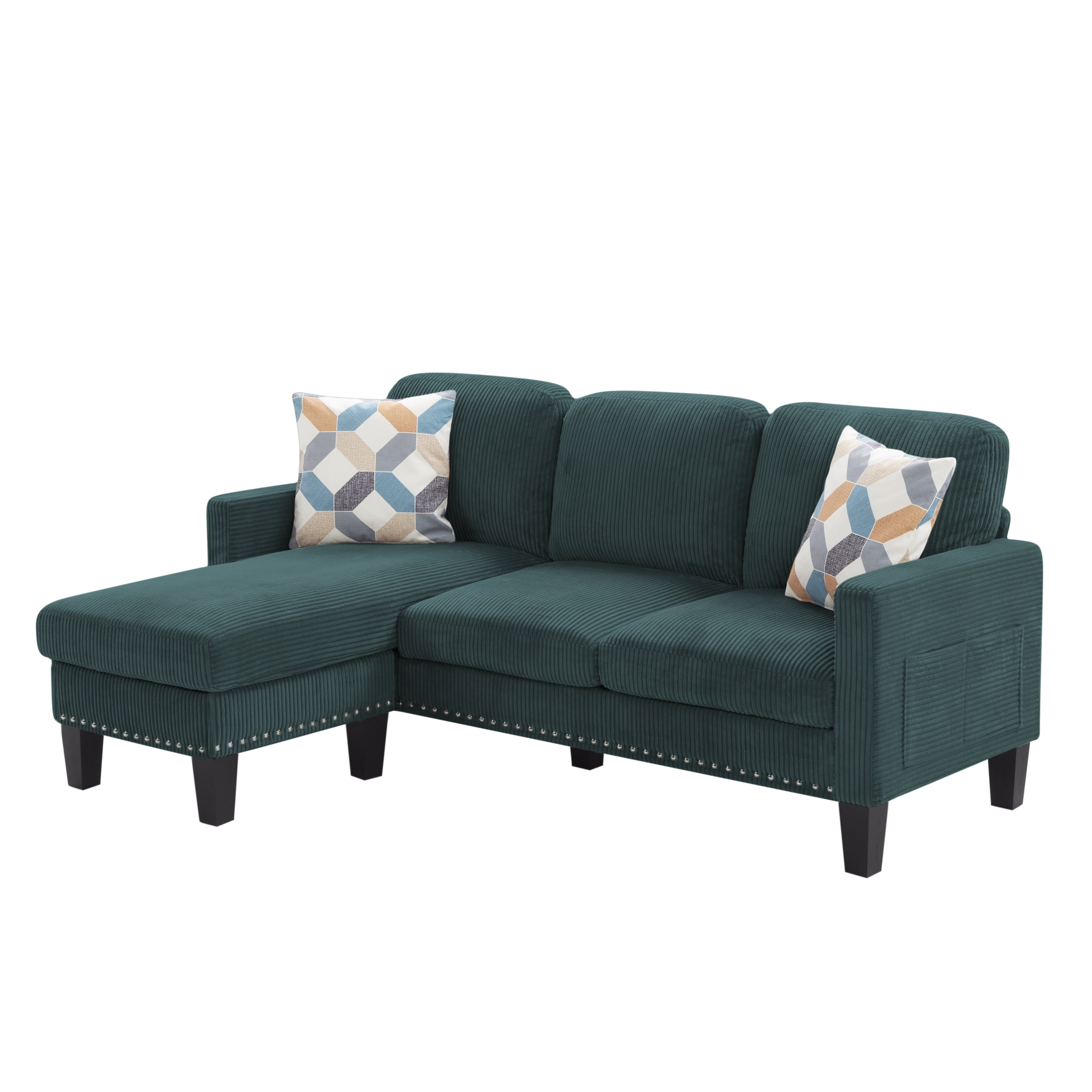 Gewnee 72.64"L-Shaped Sectional Sofa with Movable Ottoman,3-Seater Modern Reversible Chaise,Storage Pocket&Pillows,for Living Room,Office.Green