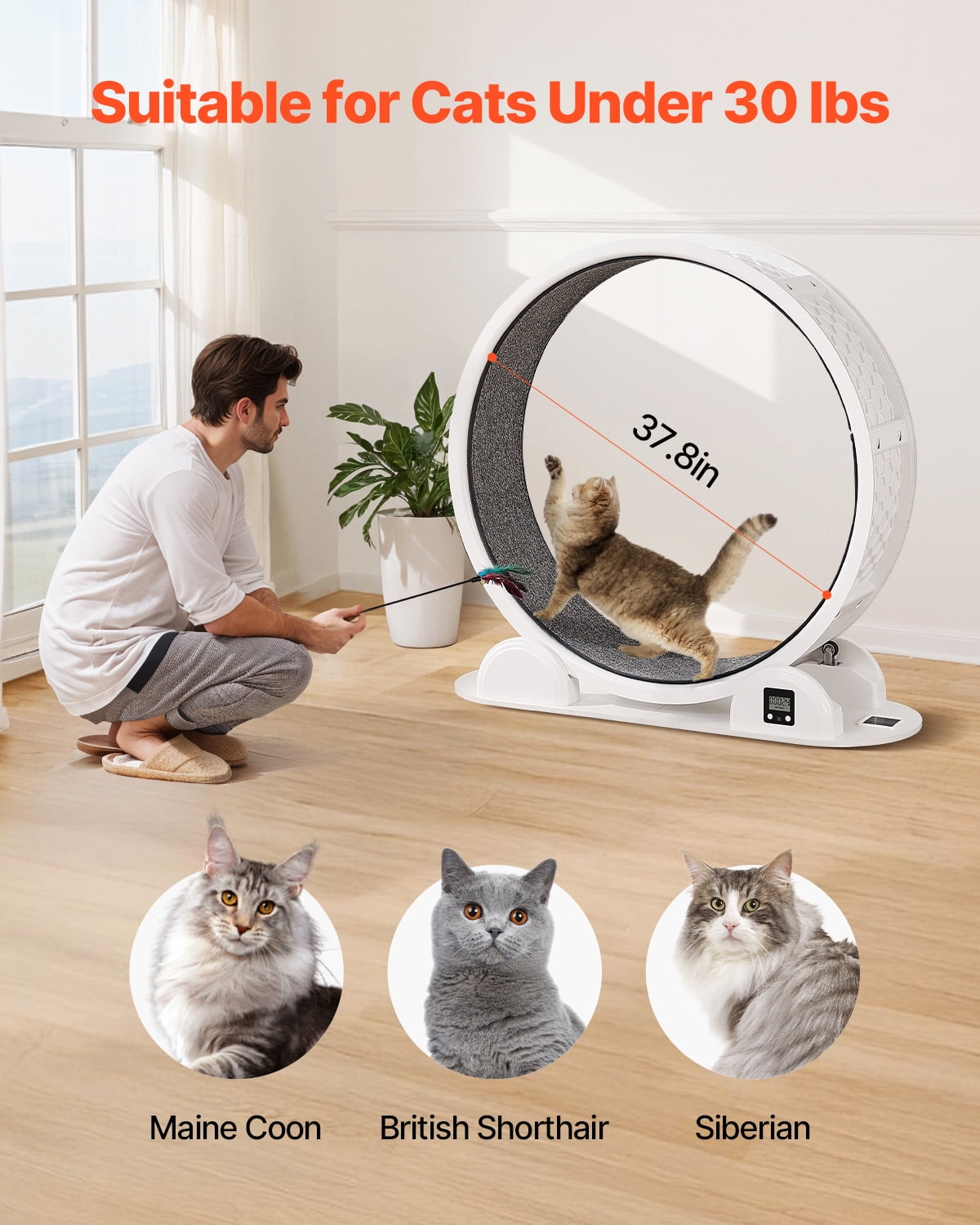 KFFKFF 40.8" Cat Exercise Wheel, Silent Cat Treadmill for Felines Below 30lbs, Feline Jogging Wheel equipped with Brake & Carpeted Pathway (White)