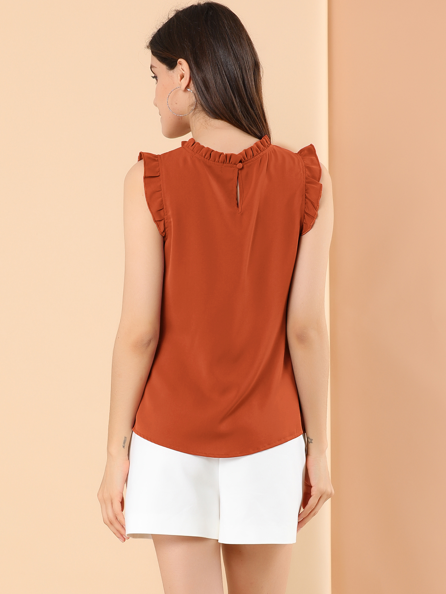 DARING DIVA Women's Ruffled Trim Pleated Plain Blouse Top 2XL Dark Orange