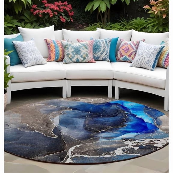 HomeRoots 559654 8 ft. Round Blue Round Abstract Washable Non Skid Indoor Outdoor Machine Woven Area Rug