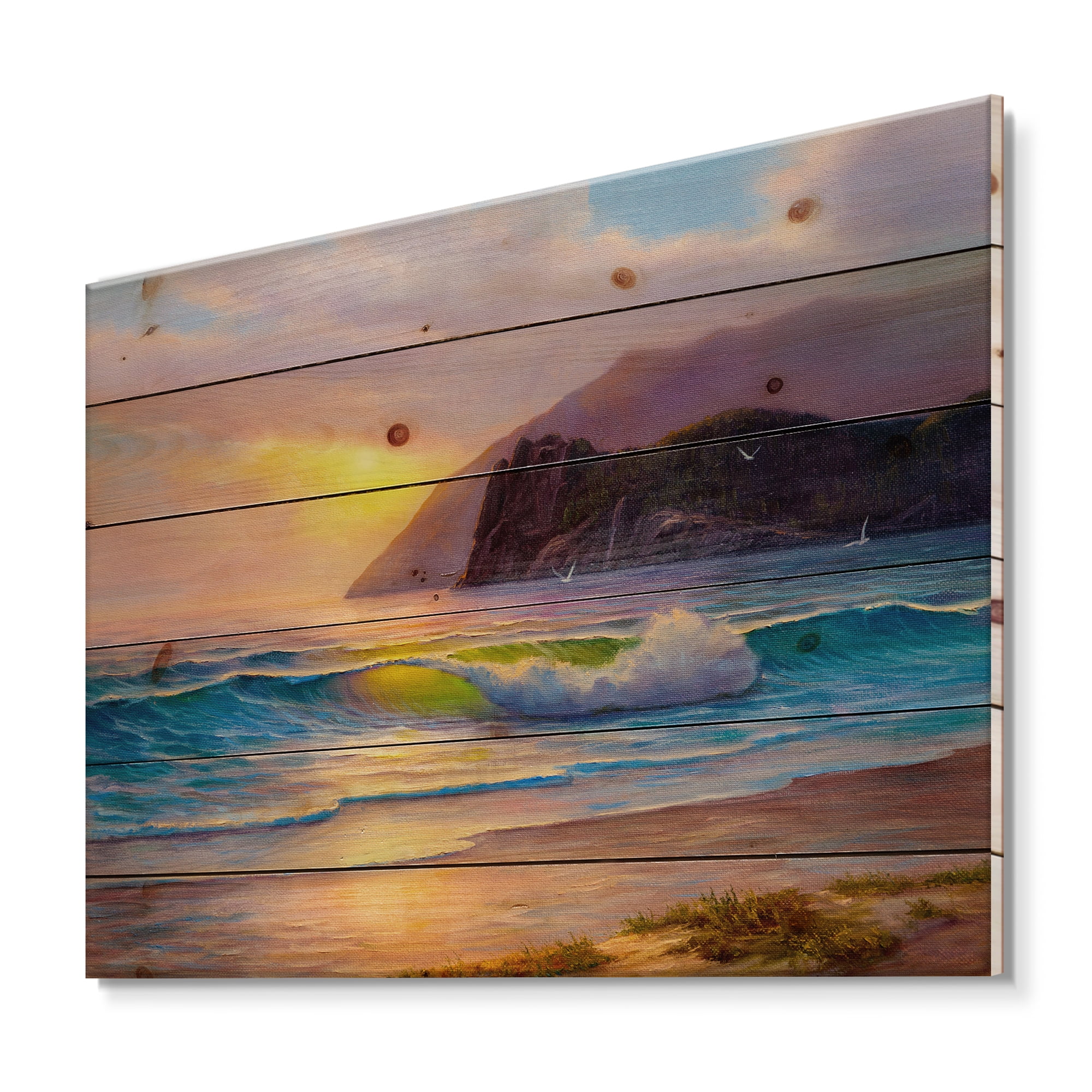 Designart 'Sunrise Glow On The Sea Waves V' Nautical & Coastal Print on Natural Pine Wood