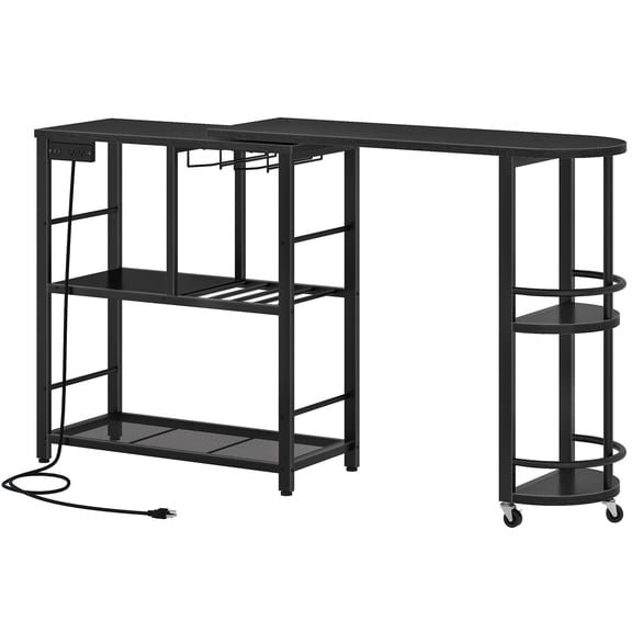 Bar Table, Home Bar Table with Charging Station, 360° Rotating Bar Table on Wheels, Kitchen Counter with Wine Rack and Glass Hanger, L-Shaped Bar Table with Storage Shelves, for Kitchen, Bar, Black