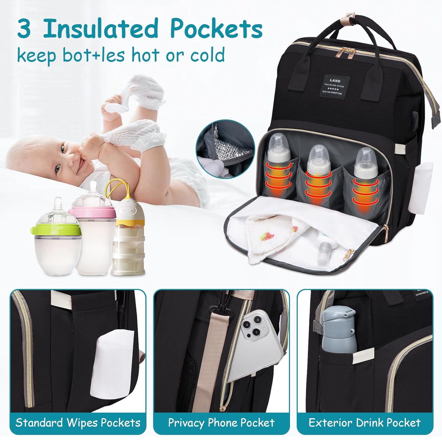 RSENFREMIOR Diaper Bag with Changing Station for Mom Dad, Large Capacity Travel Backpack with Stroller Straps ,3 in 1 Waterproof Foldable Changing Bag with Foldable Crib for Girls Boys