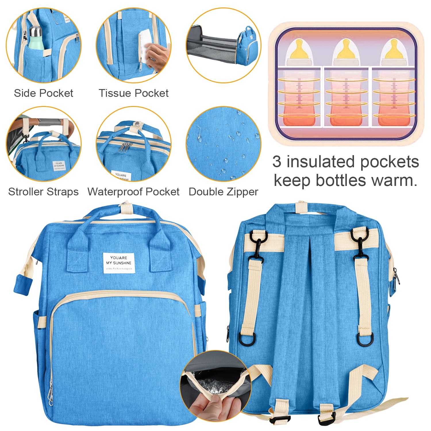 Diaper Bag Backpack,Multifunction Diaper Bag Backpack with Changing Station,Foldable Crib&Insulated Milk Bottle Pocket Large Capacity Baby Nappy Changing Bag Travel Backpack w/ Stroller Straps,Blue