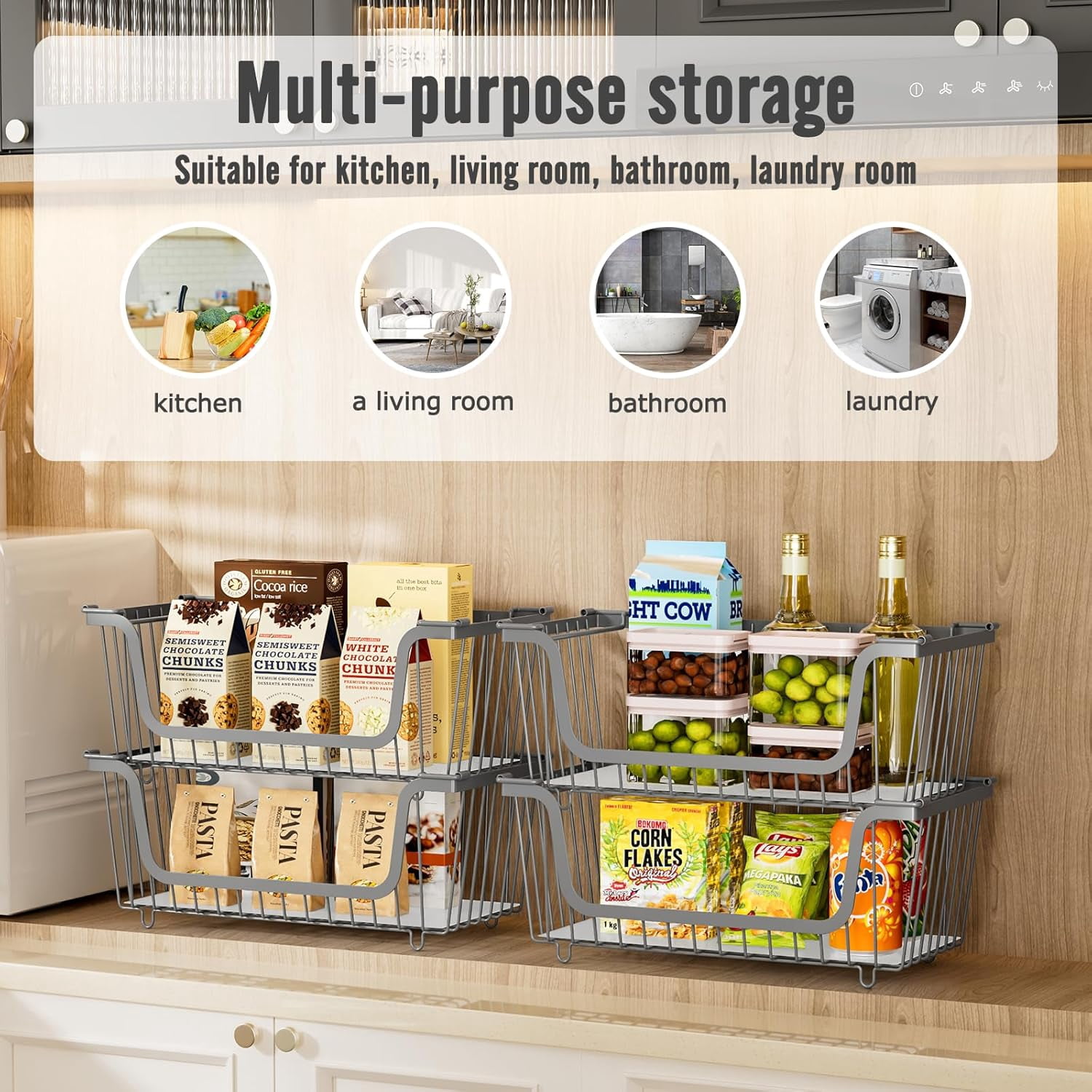 4 Pcs Stackable Wire Baskets for Pantry Organizers and Storage, Kitchen Countertop Vegetable Fruit Bins, Metal Produce Basket for Potato Onion Storage, Gray