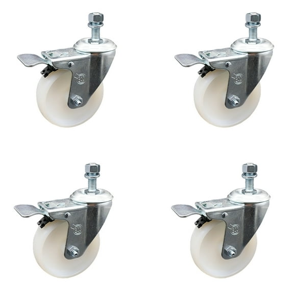 4 Inch SS Nylon Wheel Swivel ½ Inch Threaded Stem Caster Set Total Lock Brake
