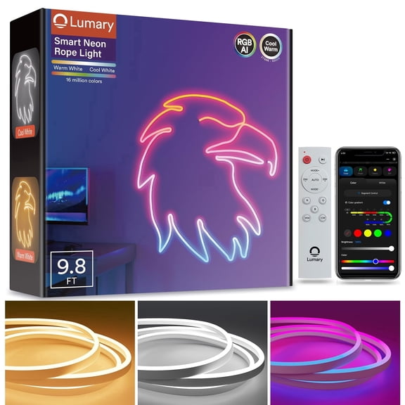 Lumary Smart Neon Rope Light RGBAICW Voice Controlled Polyvinyl Chloride LED Strip 9.8 Feet 1 Pack