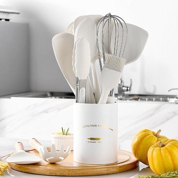 HAXMNOU White Silicone Kitchenware Set With Wooden Handle Simple Non