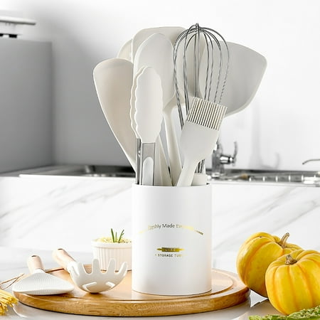 

HANXIULIN White Silicone Kitchenware Set With Wooden Handle Simple Non Scraping Pot Kitchen Tool Set