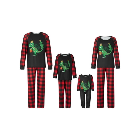 Family Matching Christmas Pajamas, Long-Sleeved Cartoon Dinosaur Print Tops Plaid Pattern Trousers Sleepwear Outfits