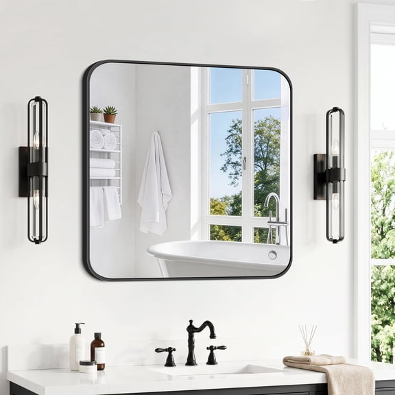 VONIGEE Black Bathroom Mirror 30x30 Inch, Large Square Wall Mirror with Aluminum Frame Rounded Corner, Vanity Mirror for Bathroom, Bedroom, Living Room, Entryway, Wall Mounted