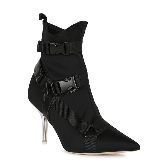Women Buckle Straps Neoprene Pointy Toe Booties 18774