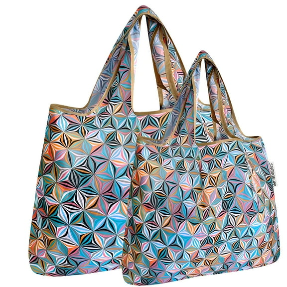 Wrapables Large & Small Foldable Tote Nylon Reusable Grocery Bags, Set of 2, Star Pattern