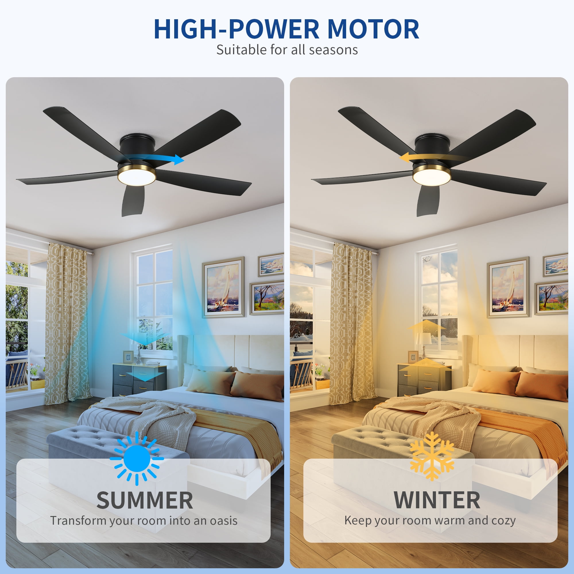 Uforic 52" Quiet Ceiling Fan with Tri-Color LED Light, Remote Control, and 6-Speed Flush Mount for Bedrooms and Living Rooms (Black + Gold Accent)