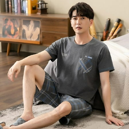 

PIKADINGNIS 2 Piece Set Pajamas for Men Summer Short Sleeve Tops Shorts Soft Modal Pajamas Homewear Suit Mens Sleepwear Loose Nightwear