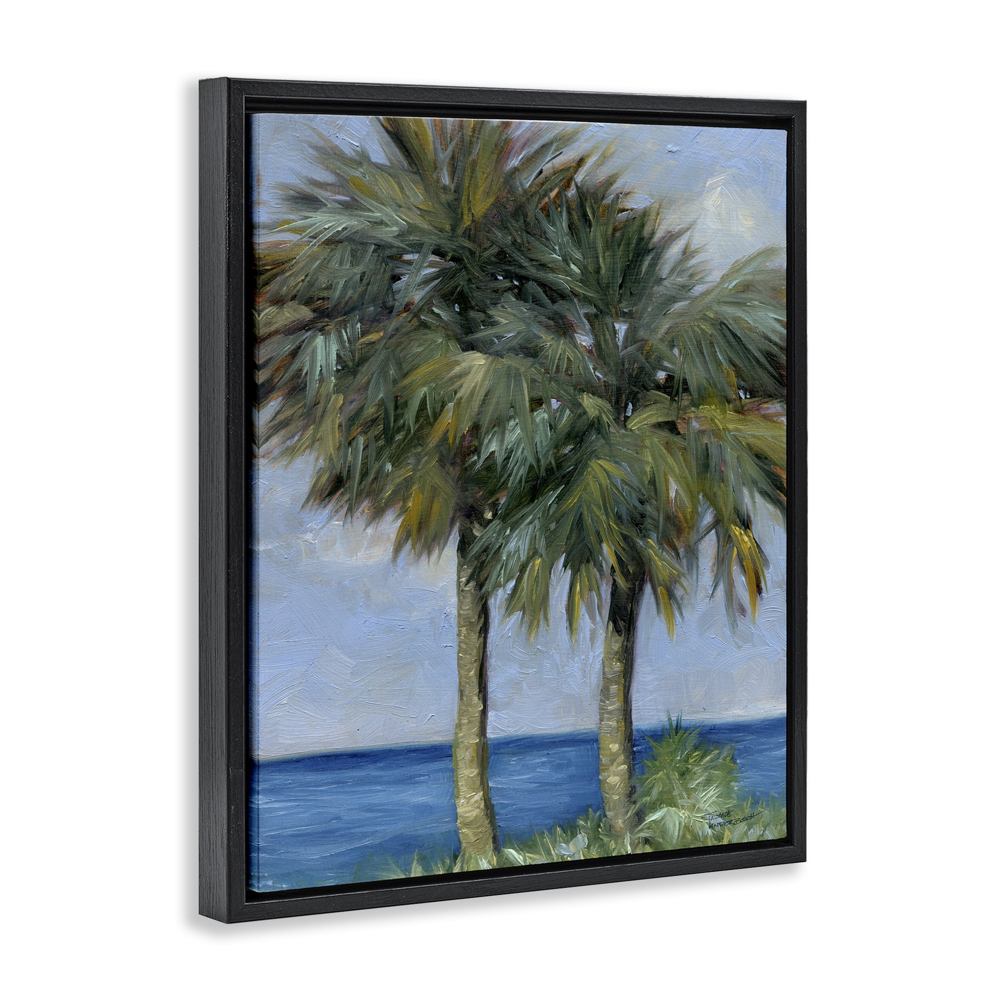 Stupell Industries Full Brushed Palms Landscape Painting Black Floater Framed Canvas Art Print Wall Art, 17 x 21