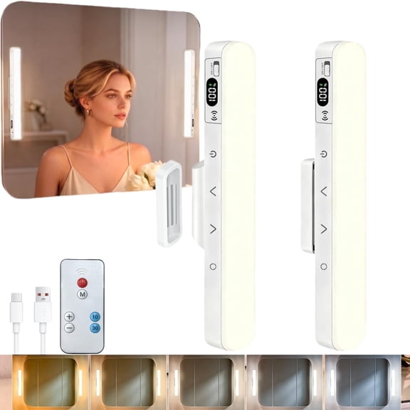 Bathroom Vanity Light for Mirror, 2 Pack Stick on LED Vanity Light Bar, Dimmable Mirror Lights with 3 Color Temperatures & Timer, Wireless Self-Adhesive Vanity Lights for Bathroom, Bedroom