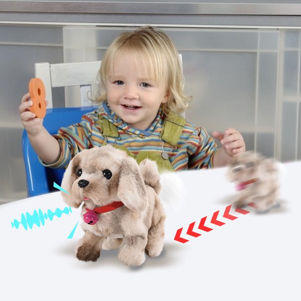 Juguete realista para perros cachorros de robot | Caminar, ladrar, mover la cola | Mini peluche suave para mascotas | Material seguro e inodoro | Gran regalo de cumpleaños | Requiere 2 pilas AA