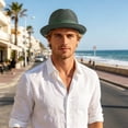 thumbnail image 2 of Venzia Mesh Pork Pie Fedora Hat Breathable Fabric Band Metal Button Short Brim Outdoor Travel Beach Casual Summer Sun Protection Classic Retro Headwear Cap,One Size, 2 of 6