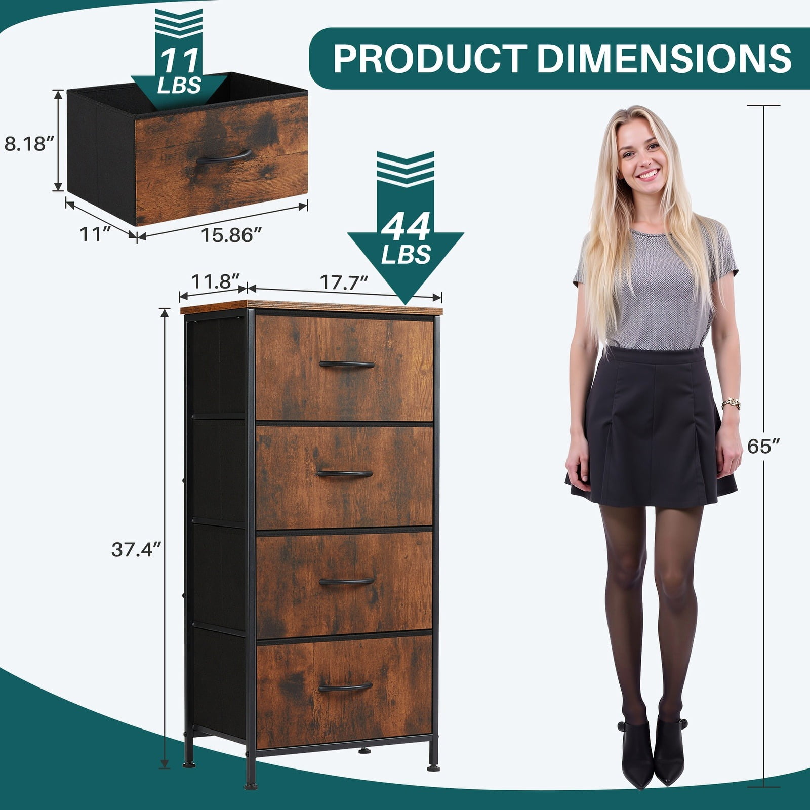 Nextay 4-Drawer Fabric Dresser for Bedroom, Storage Dresser Closet with Steel Frame & Wooden Top for Living Room, Dressing Room, Brown