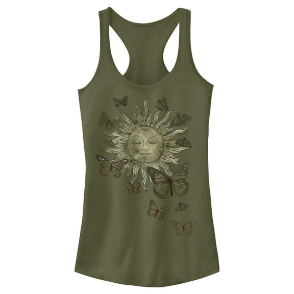 Junior's Lost Gods Monarch Butterfly Sun  Racerback Tank Top Military Green X Large