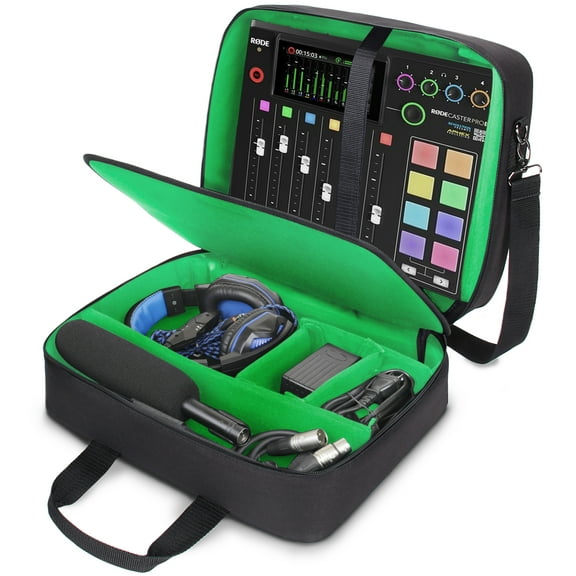 USA GEAR RODECaster Pro Case - Scratch-Resistant, Padded Interior, and Shoulder Strap (Green)