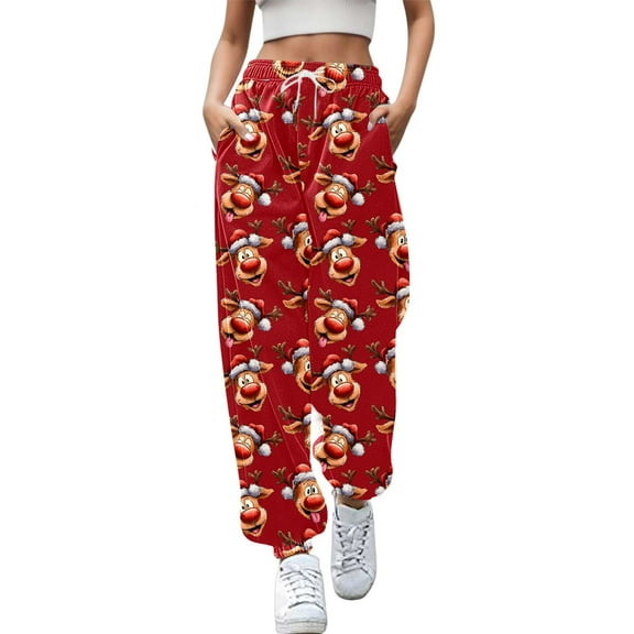 Fiaer Christmas Womens Sweatpants Funny Graphic Plus Size Xmas Pants Baggy Casual Trendy Comfort Pocket Trousers Red XL