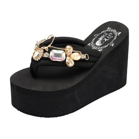 

XIAQUJ Ladies Shoes Wedge Thick Sole Thick High Heel Flip Flops Fashion Diamond Chain Slippers Slippers for Women 2024 Black 6.5