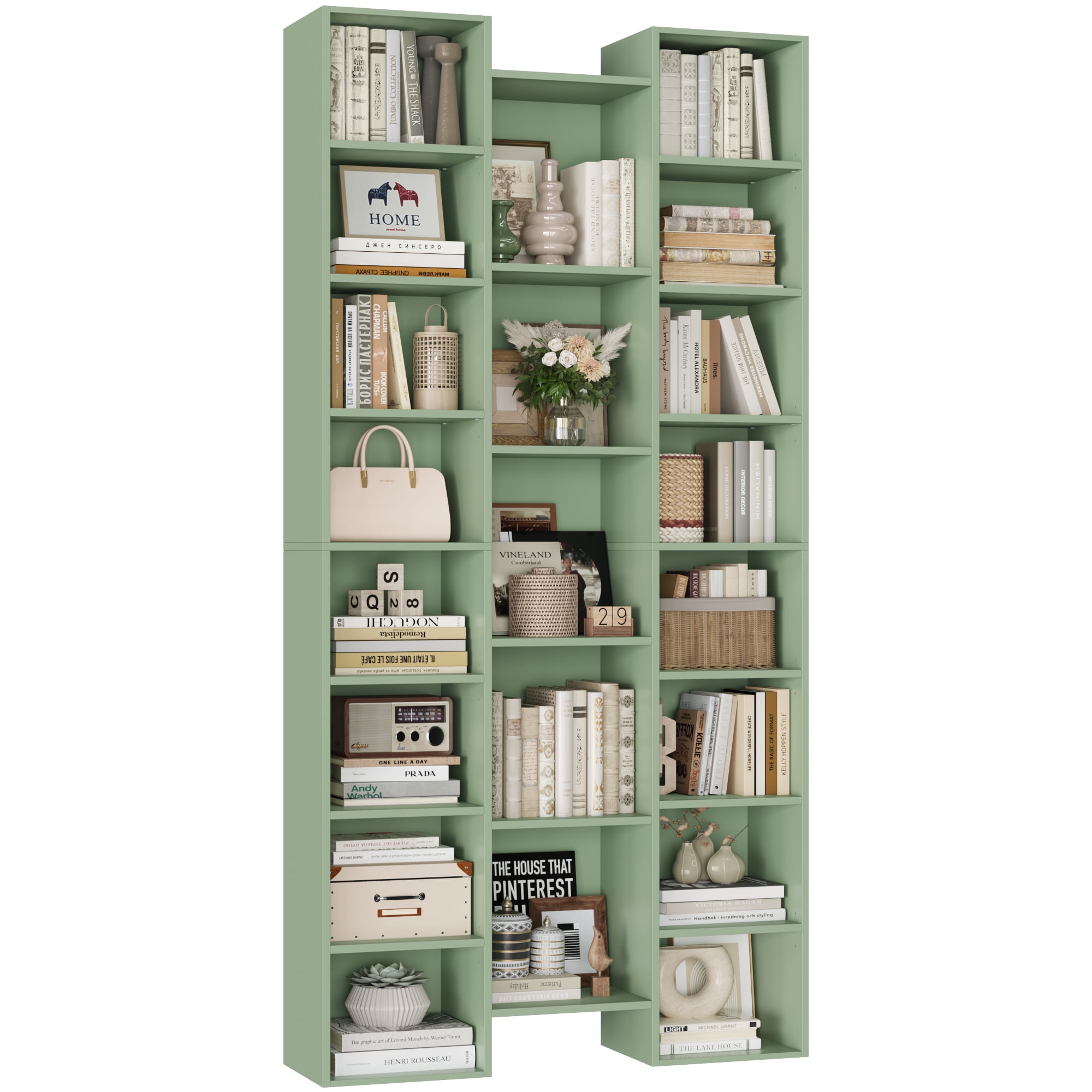 Homfa 2 Pieces Green Bookshelves, 71’’ Tall Three Row Bookshelf with Adjustable Shelves, 21-Cubes CD Display Storage Organizer Shelf for Living Room Home Office