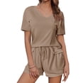 thumbnail image 3 of Hrsba Solid Color V Neck Short Sleeve Tops with Drawstring Waist Shorts 2 Piece Set for Women Summer Casual Daily Outfits, 3 of 5