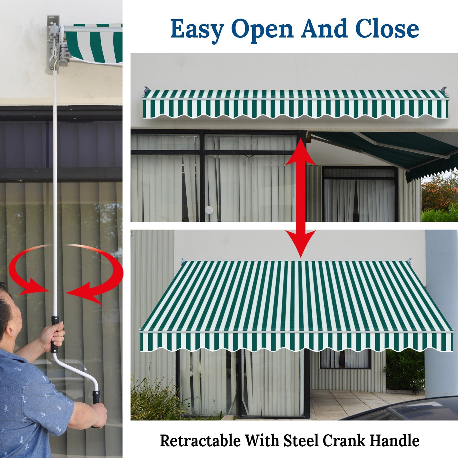 SUNNYOUTDOOR 12x10 FT Patio Awning Retractable Outdoor Sun Shade Manual Patio Deck Awning Heavy Duty Awning (Green with white)