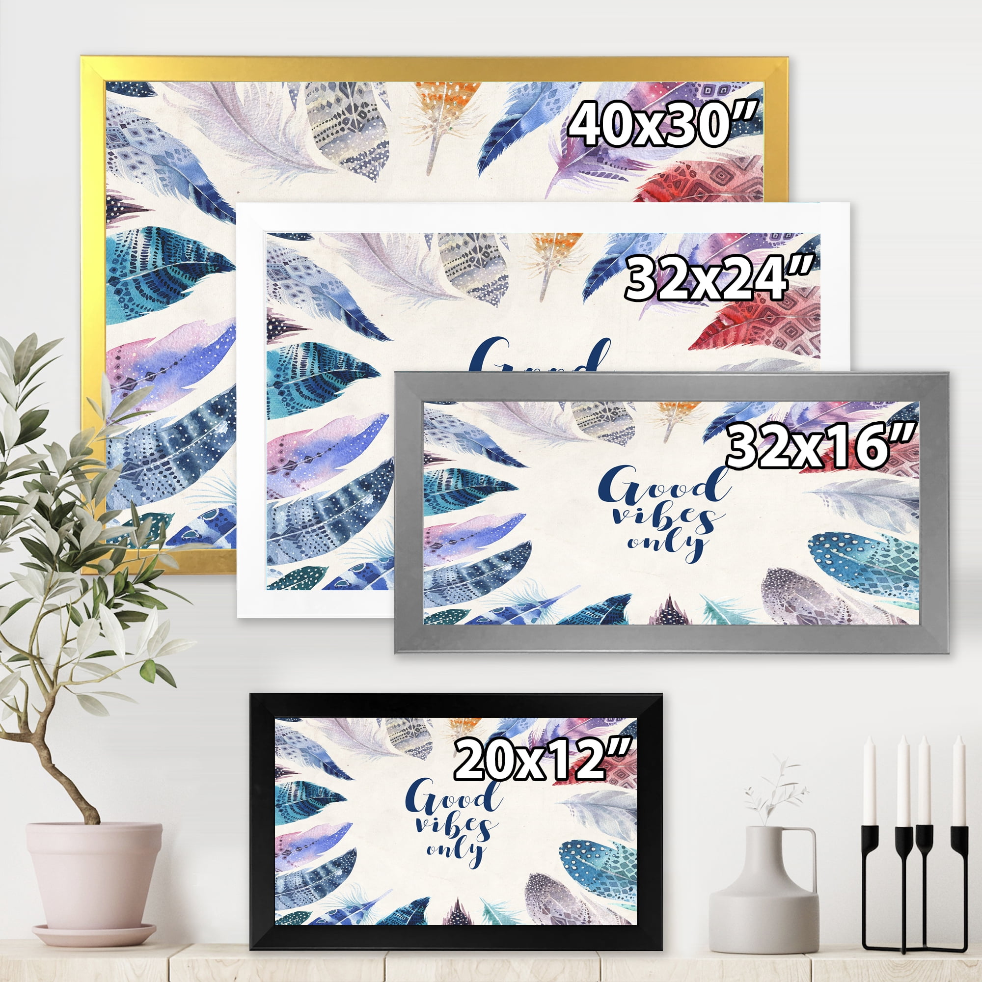 Designart 'Good VIbes Only Under Vibrant Blue Feathers' Bohemian & Eclectic Framed Art Print