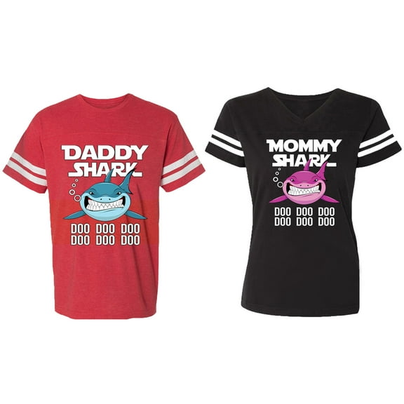 Dady Mama Shark Matching Couple Cotton Jerseys (Men Red / Women Black) (Men S / Women S)