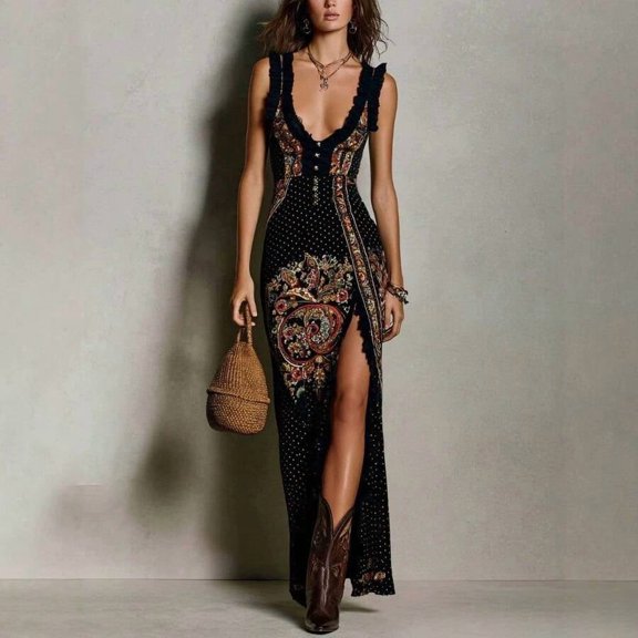 Black Bohemian Print Sleeveless Maxi Dress With Side Slit And Ruffle Neck