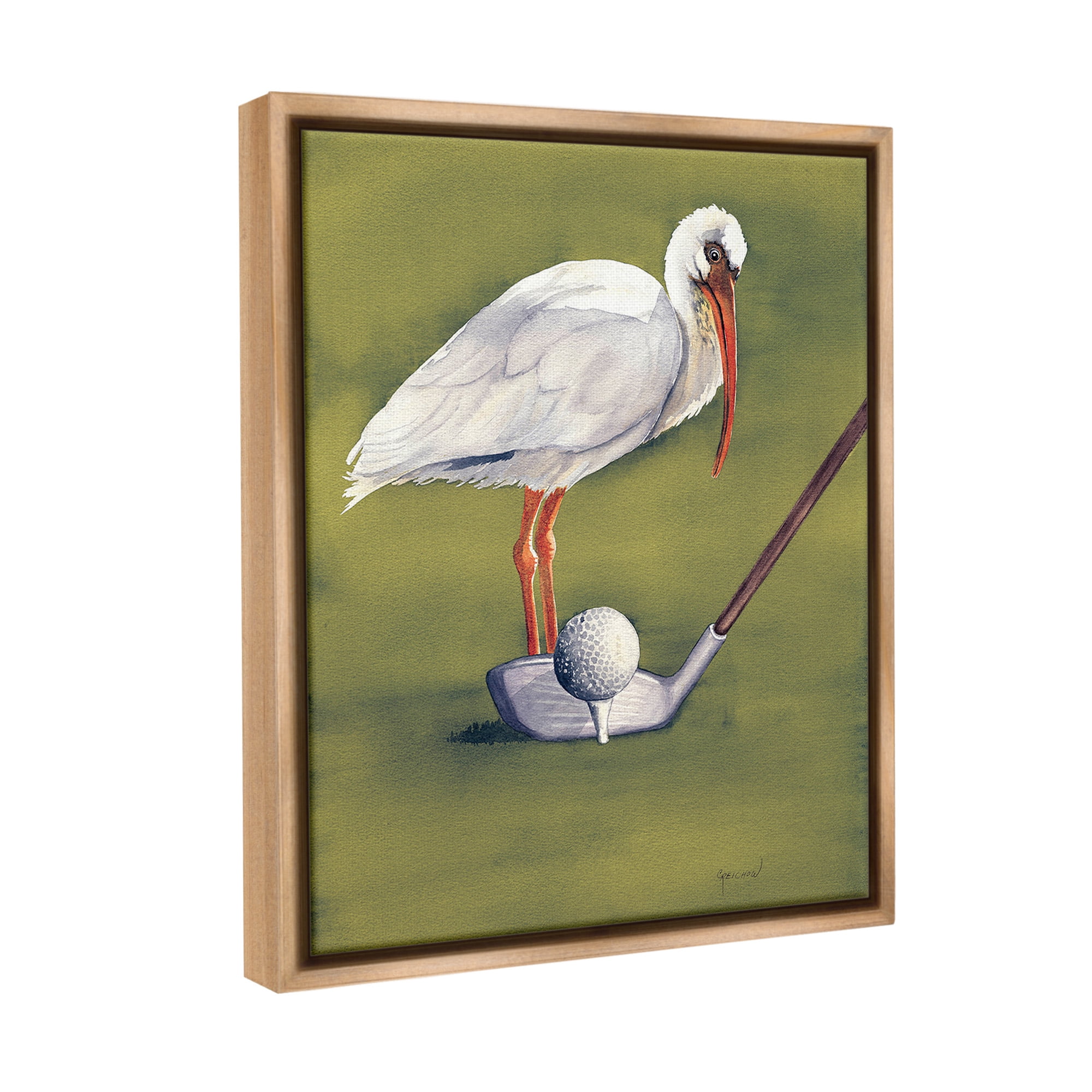 Stupell Industries Bird with Golf Club Animals & Insects Painting Brown Floater Framed Canvas Art Print Wall Art, 17 x 21
