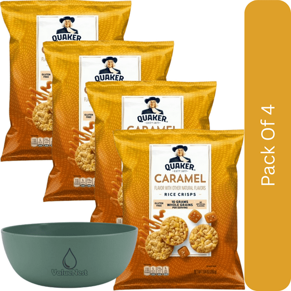 Quaker Caramel Flavored Rice Crisps – 7.04 oz Bag-4pk, With Olive Green Bowl By ValueNest