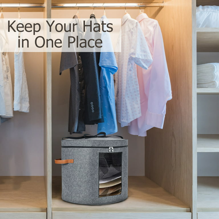 Relax love Hat Box Organizer 17x17x10in Large Capacity Gray Felt Hat  Storage Container Round Foldable Double Opening Zipper Dust-Proof with  Visible