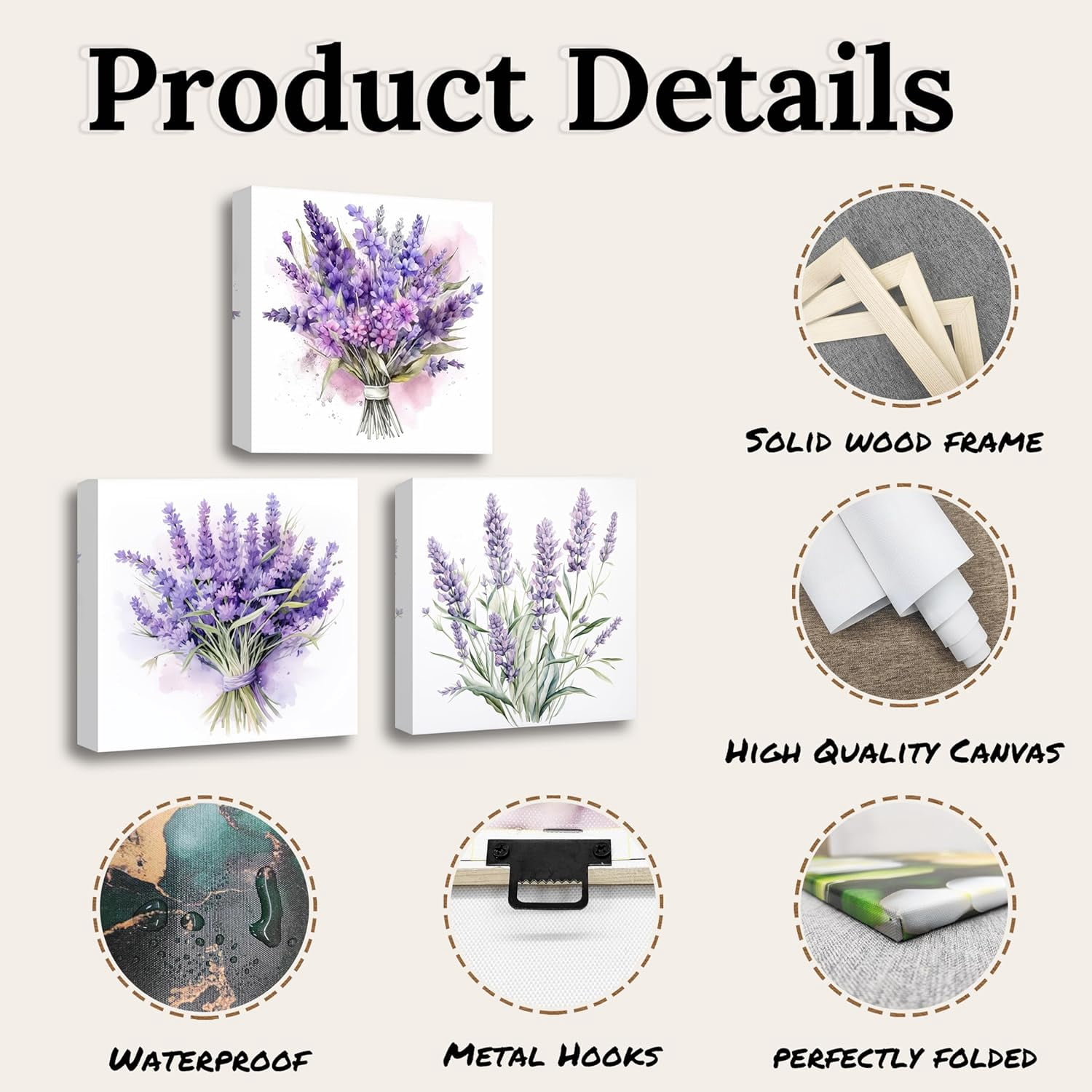 Lavender Canvas Wall Art 3 Pieces Rustic Purple Flowers Country Floral Painting Prints for Bathroom Bedroom Living Room Decor Framed (Lavender,12.00" x 12.00" x3Pcs)
