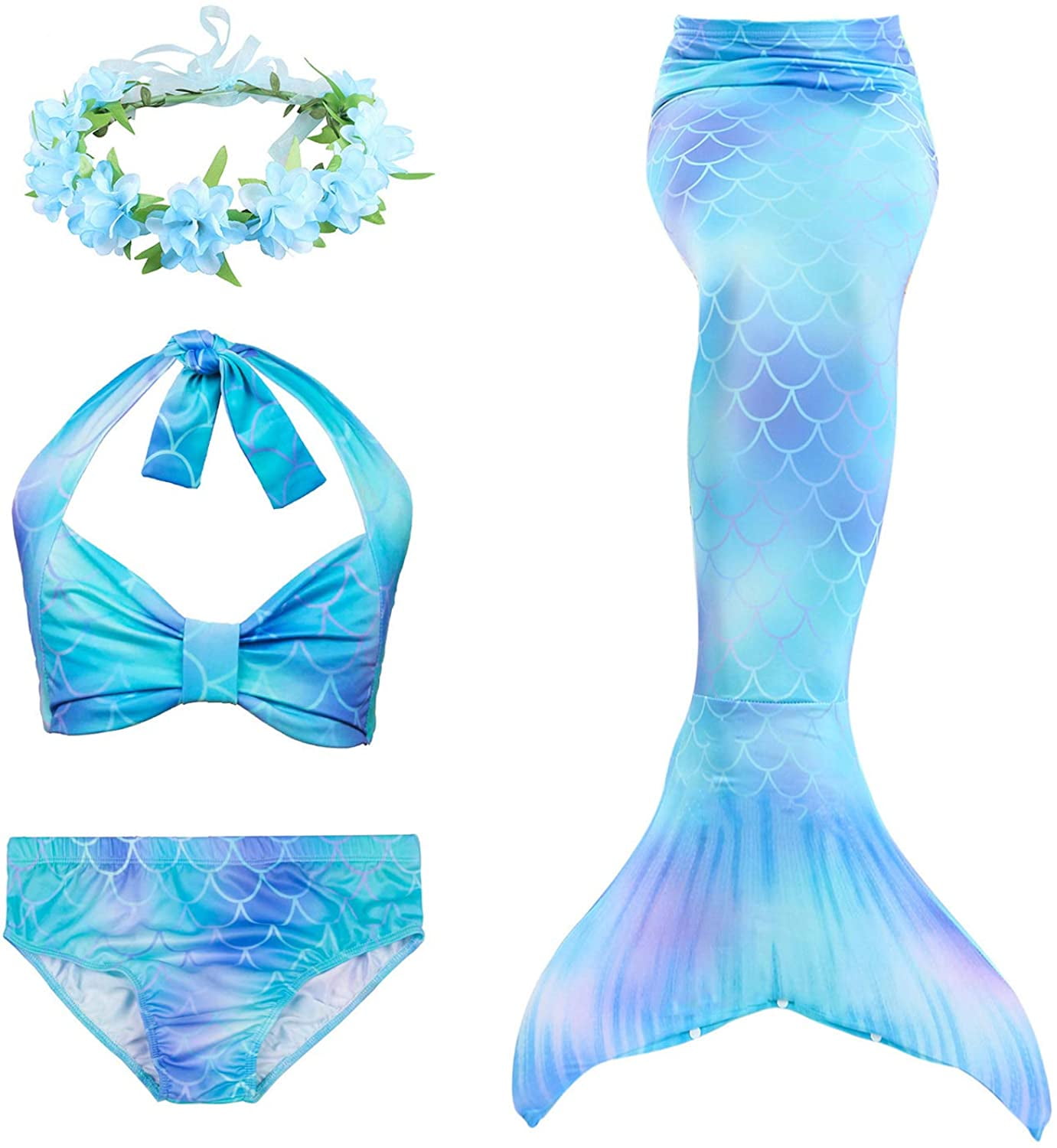 3Pcs Mermaid Tail Kids Swimmable Girls Princess Swimming Fish Costume Bikini Set Swimsuit & Flower Crown