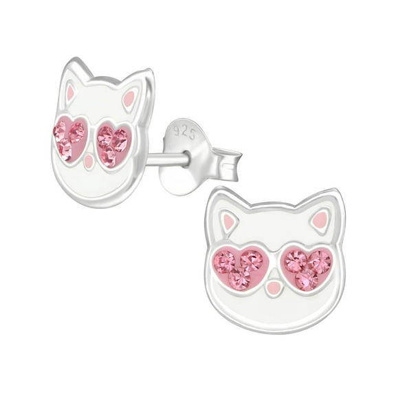 Cat 925 Sterling Silver Stud Earrings with Crystals