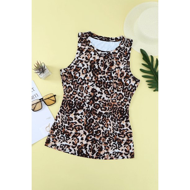 ABPHQTO Camiseta sin mangas con cuello redondo y estampado de leopardo para mujer