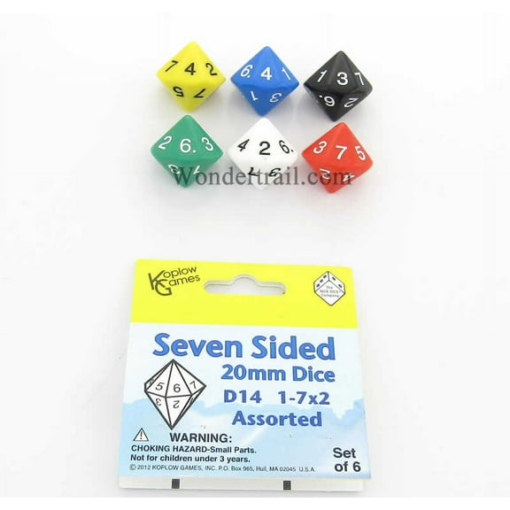 Assorted Color Dice D14 with Colored Numbers 1-7 Twice 20mm Pack of 6 Koplow Games