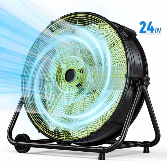 UrbanSync Ecotronic 24" Drum Fan , 3-Speed High Velocity Heavy Duty Metal Fan with 360° Tilt, Casters, Handle, Black